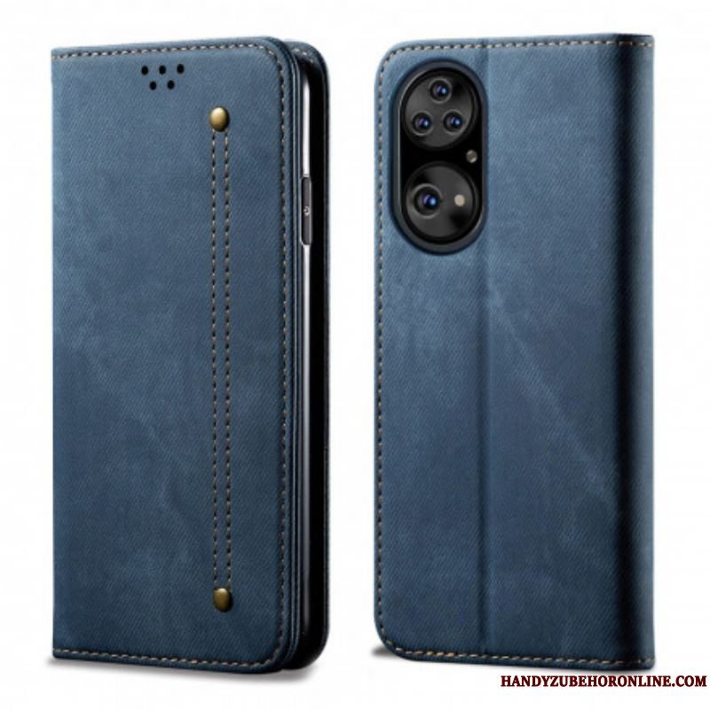 Cover Huawei P50 Pro Flip Cover Tekstur På Jeans I Imiteret Læder