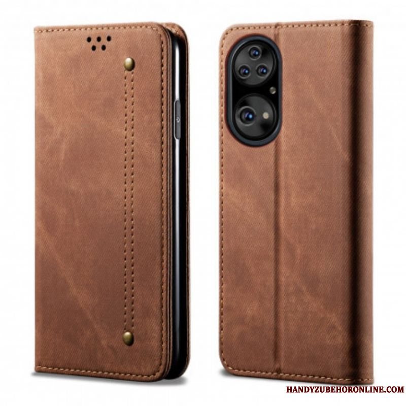 Cover Huawei P50 Pro Flip Cover Tekstur På Jeans I Imiteret Læder