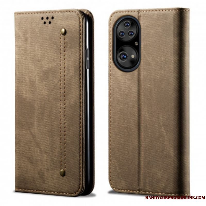 Cover Huawei P50 Pro Flip Cover Tekstur På Jeans I Imiteret Læder