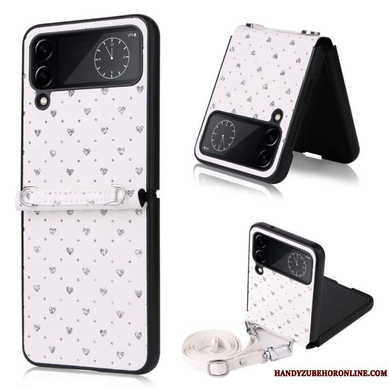 Cover Samsung Galaxy Z Flip 4 Flip Cover Flere Hjerter Og Skulderrem