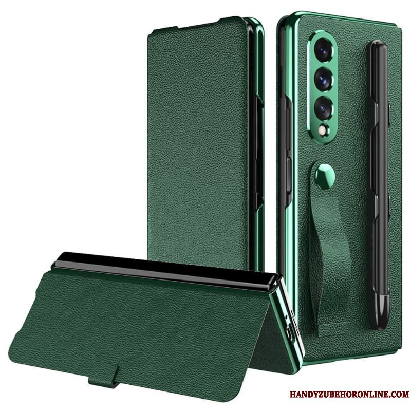 Cover Samsung Galaxy Z Fold 3 5G Flip Cover Style Litchi Læder Stylus Holder Og Rem