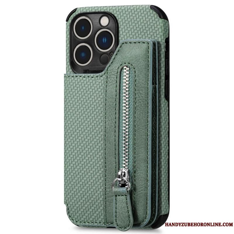 Cover iPhone 14 Pro Punge Etui Carbon Fiber Tegnebog Og Stativ