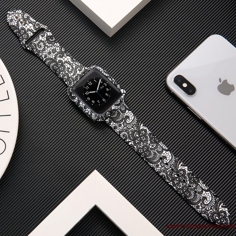 Etui Apple Watch Series 3 Silikone Hvid Tryk, Cover Apple Watch Series 3 Beskyttelse Trendy Sort