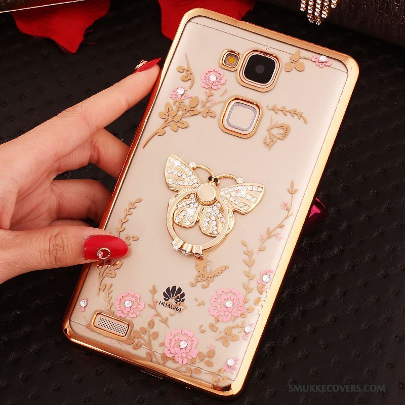 Etui Huawei Ascend Mate 7 Strass Ring Knapper, Cover Huawei Ascend Mate 7 Silikone Gennemsigtig Lyserød