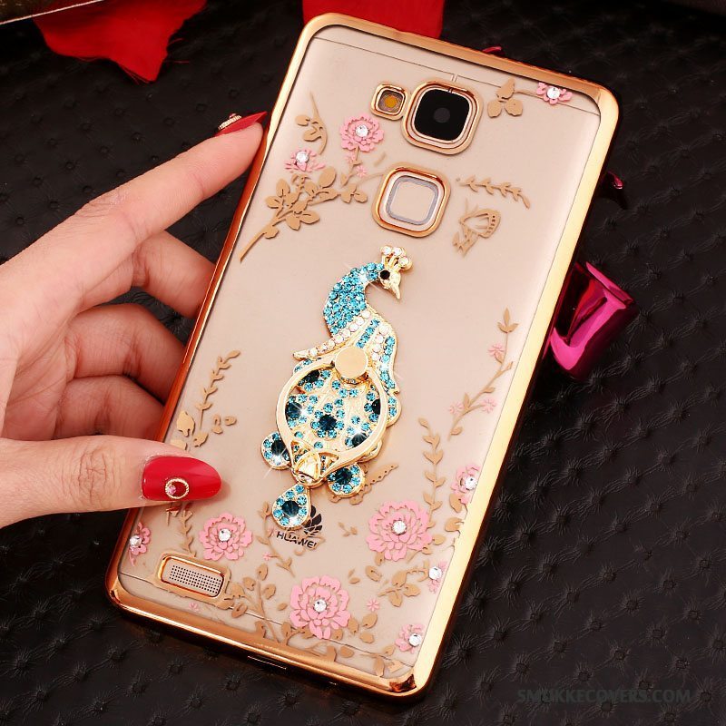 Etui Huawei Ascend Mate 7 Strass Ring Knapper, Cover Huawei Ascend Mate 7 Silikone Gennemsigtig Lyserød