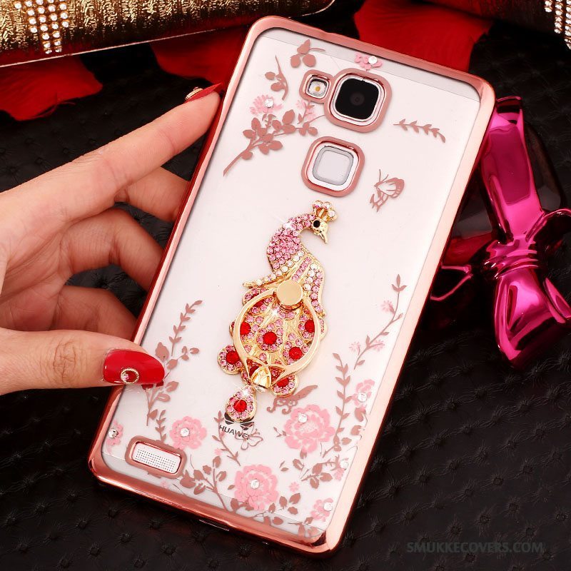 Etui Huawei Ascend Mate 7 Strass Ring Knapper, Cover Huawei Ascend Mate 7 Silikone Gennemsigtig Lyserød