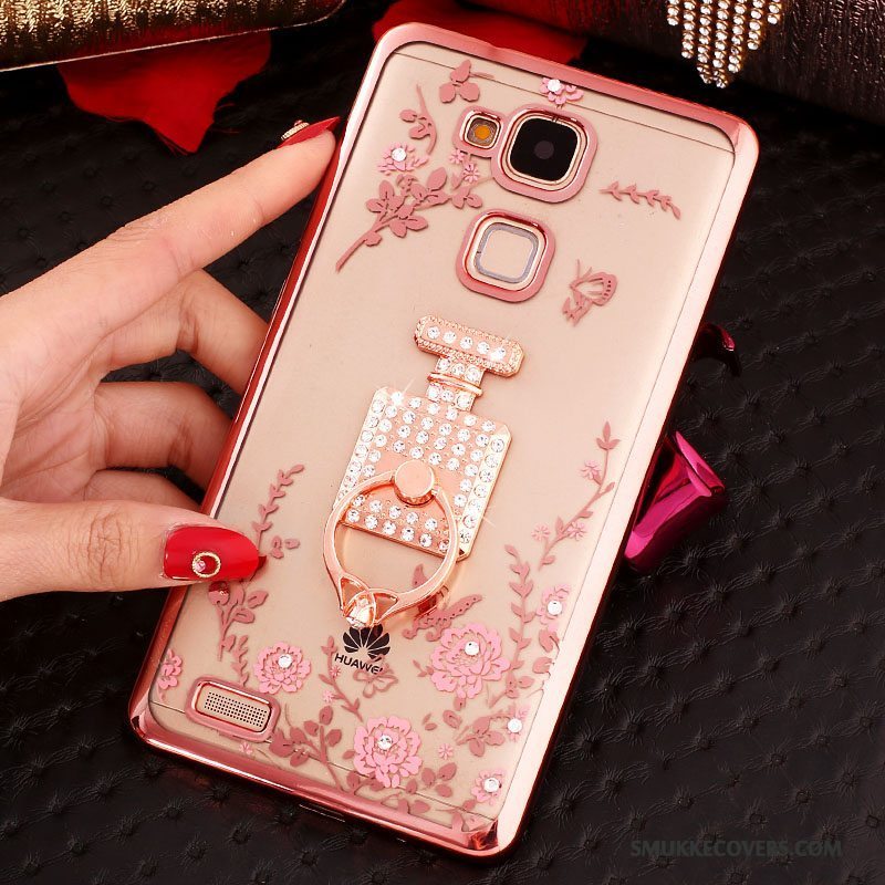 Etui Huawei Ascend Mate 7 Strass Ring Knapper, Cover Huawei Ascend Mate 7 Silikone Gennemsigtig Lyserød