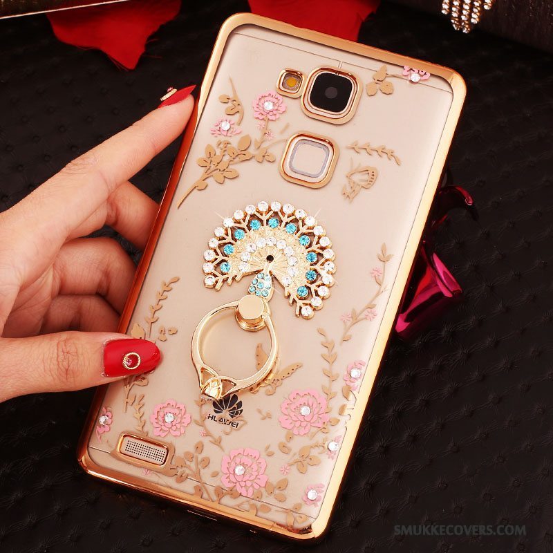 Etui Huawei Ascend Mate 7 Strass Ring Knapper, Cover Huawei Ascend Mate 7 Silikone Gennemsigtig Lyserød