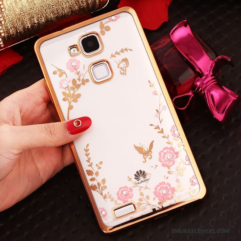 Etui Huawei Ascend Mate 7 Strass Ring Knapper, Cover Huawei Ascend Mate 7 Silikone Gennemsigtig Lyserød