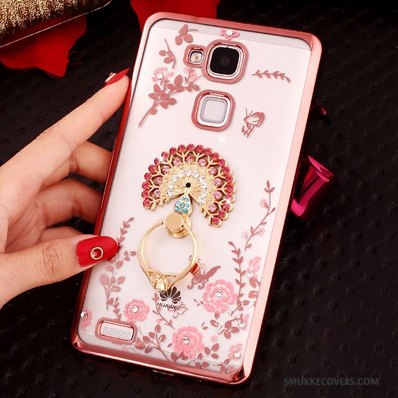 Etui Huawei Ascend Mate 7 Strass Ring Knapper, Cover Huawei Ascend Mate 7 Silikone Gennemsigtig Lyserød