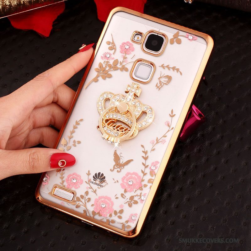 Etui Huawei Ascend Mate 7 Strass Ring Knapper, Cover Huawei Ascend Mate 7 Silikone Gennemsigtig Lyserød