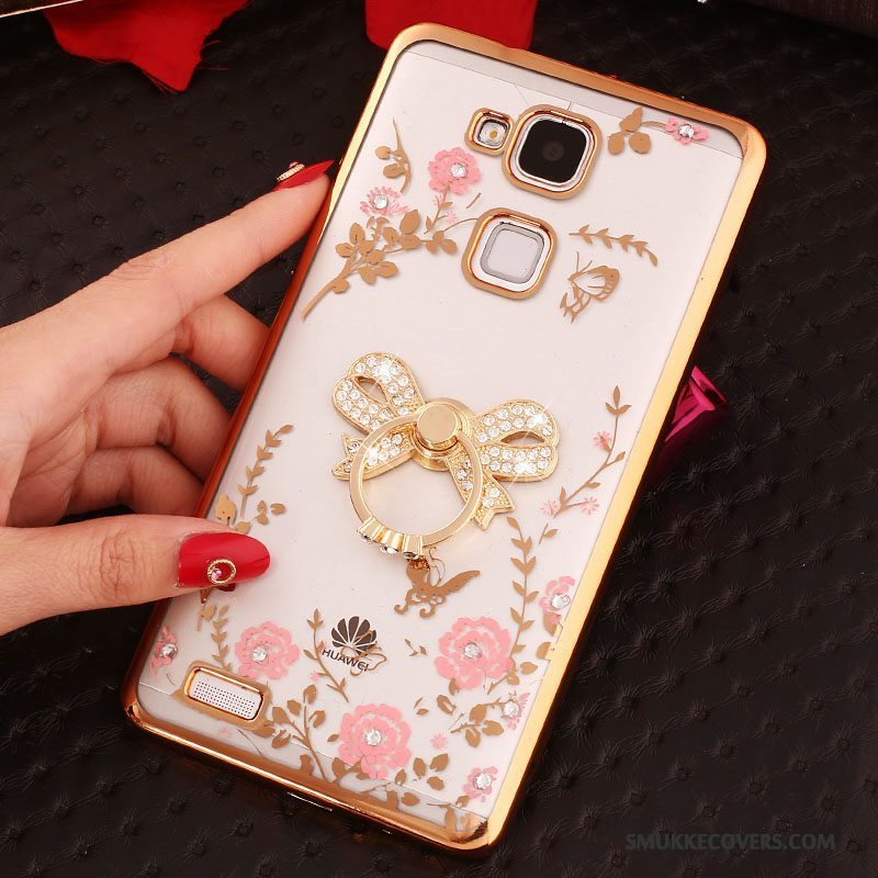 Etui Huawei Ascend Mate 7 Strass Ring Knapper, Cover Huawei Ascend Mate 7 Silikone Gennemsigtig Lyserød