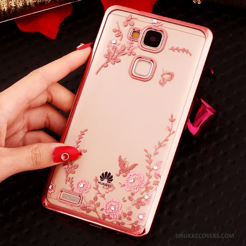 Etui Huawei Ascend Mate 7 Strass Ring Knapper, Cover Huawei Ascend Mate 7 Silikone Gennemsigtig Lyserød