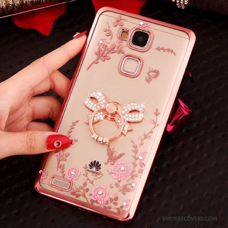 Etui Huawei Ascend Mate 7 Strass Ring Knapper, Cover Huawei Ascend Mate 7 Silikone Gennemsigtig Lyserød