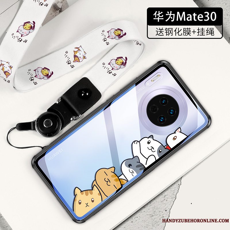 Etui Huawei Mate 30 Tasker Glas Trendy, Cover Huawei Mate 30 Cartoon Kat Hjerte