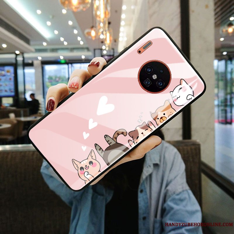 Etui Huawei Mate 30 Tasker Telefonsmuk, Cover Huawei Mate 30 Cartoon Kat Hærdet Glas