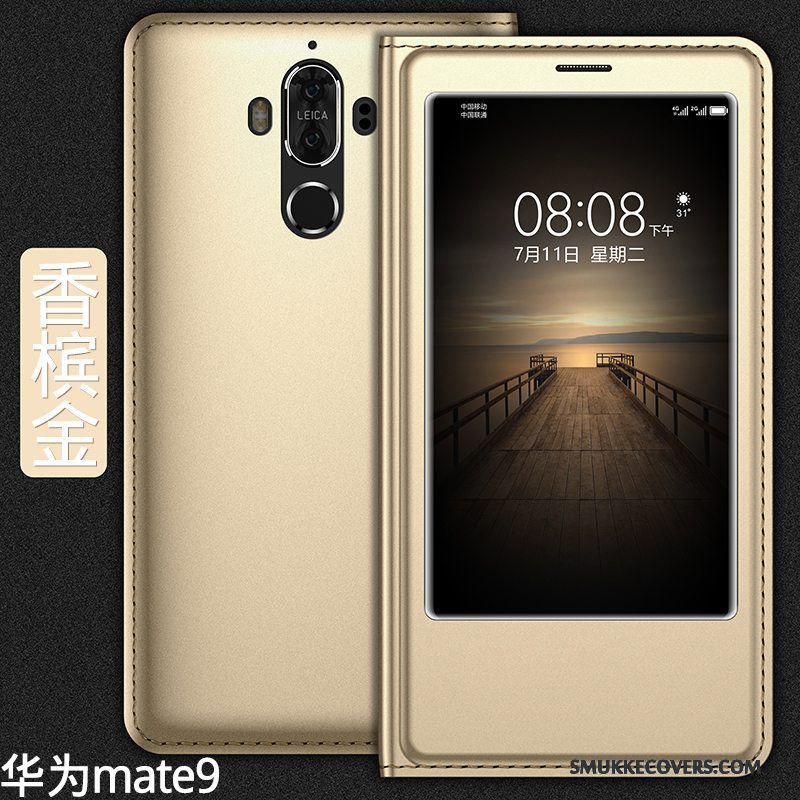 Etui Huawei Mate 9 Folio Anti-fald Telefon, Cover Huawei Mate 9 Læder Guld