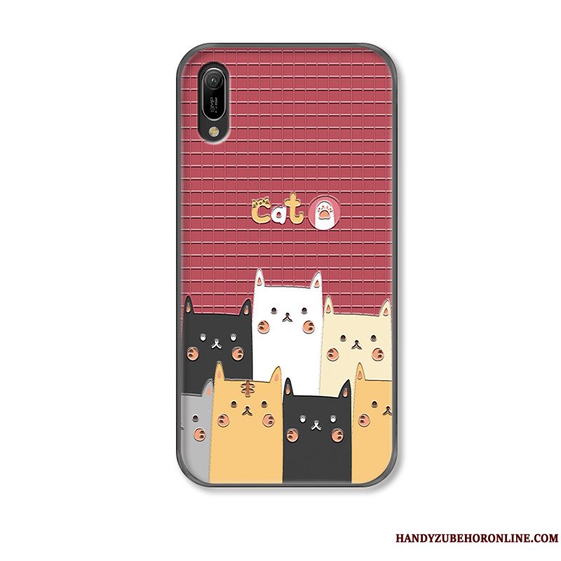 Etui Huawei P Smart+ 2019 Cartoon Rød Telefon, Cover Huawei P Smart+ 2019 Relief Smuk Kat