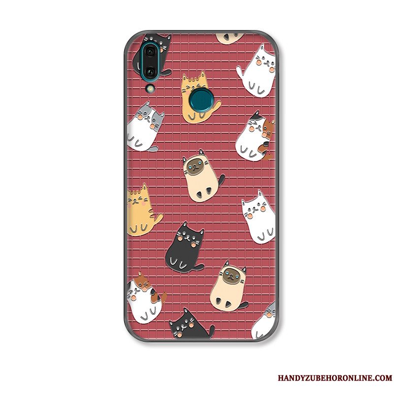 Etui Huawei P Smart+ 2019 Cartoon Rød Telefon, Cover Huawei P Smart+ 2019 Relief Smuk Kat