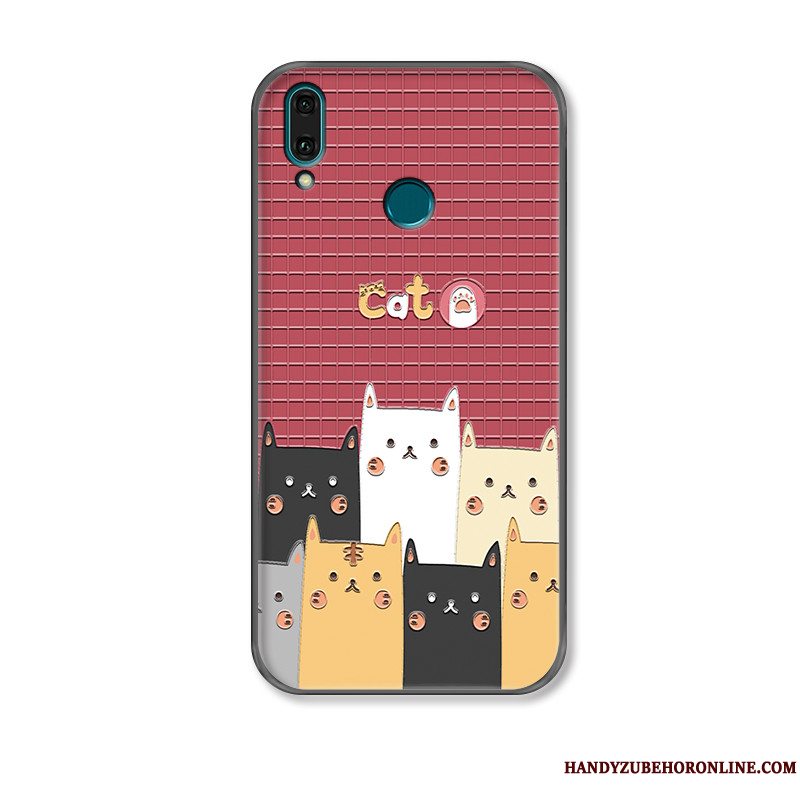 Etui Huawei P Smart+ 2019 Cartoon Rød Telefon, Cover Huawei P Smart+ 2019 Relief Smuk Kat