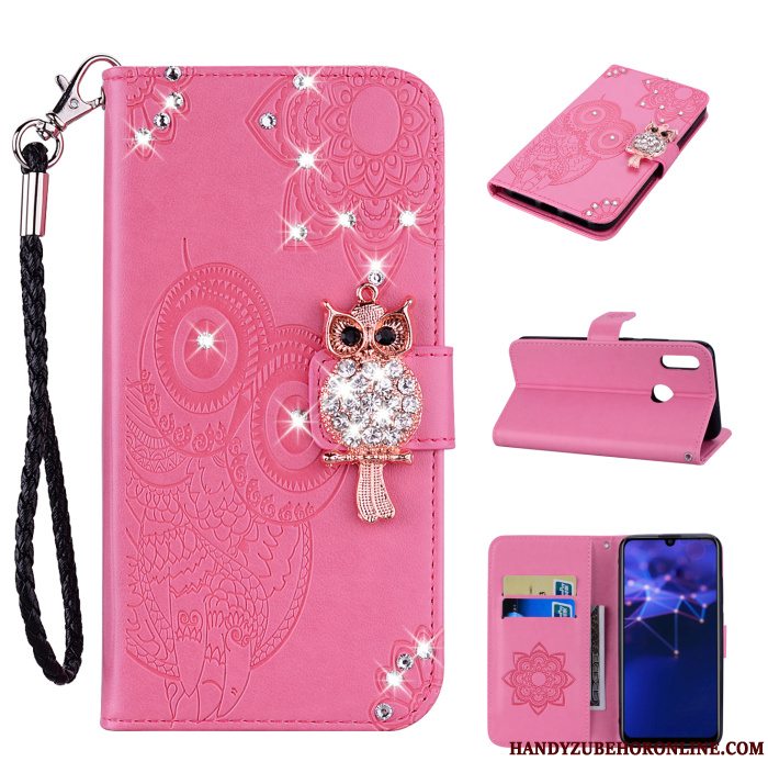 Etui Huawei P Smart 2019 Læder Rosa Guld Hængende Ornamenter, Cover Huawei P Smart 2019 Strass Telefonkat