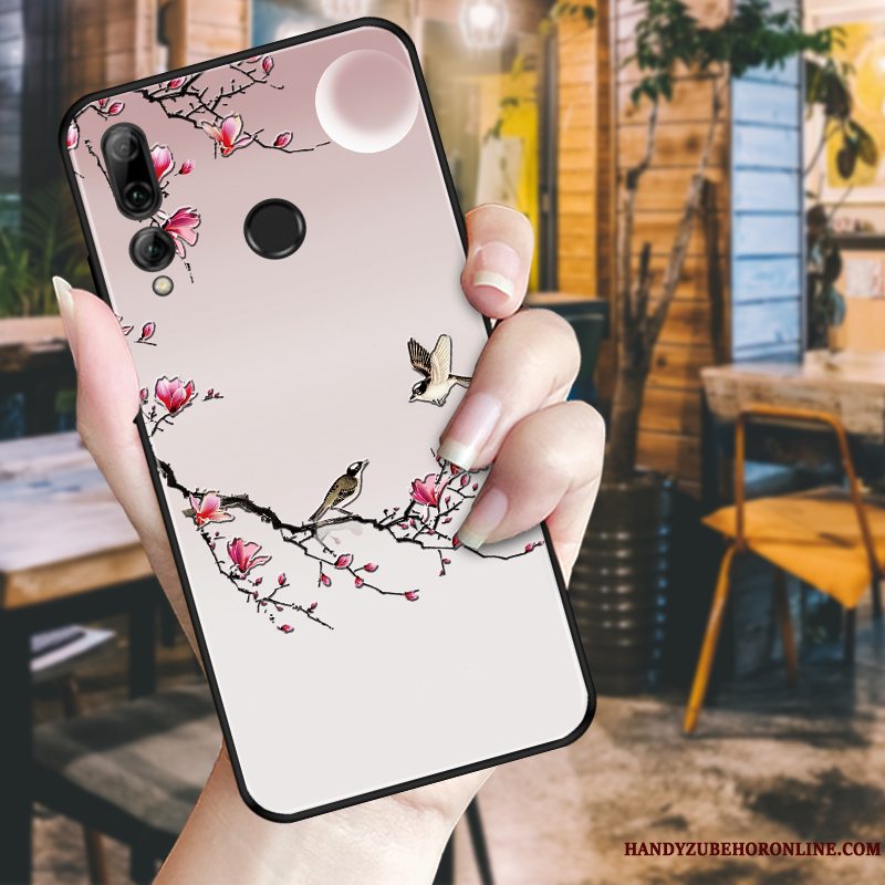 Etui Huawei P Smart+ 2019 Relief Pæon Sort, Cover Huawei P Smart+ 2019 Beskyttelse Hvid Telefon