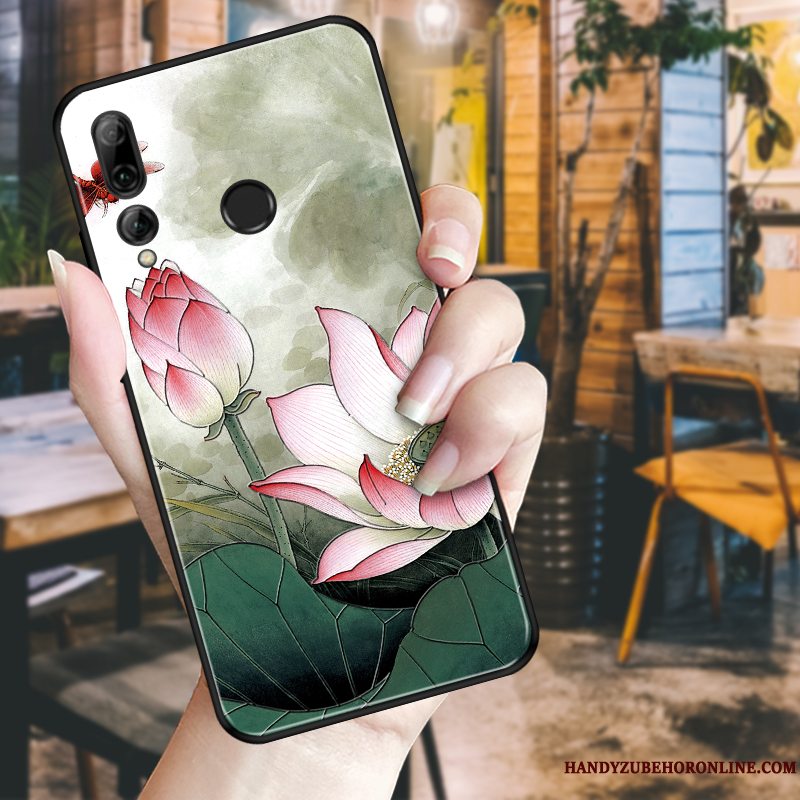 Etui Huawei P Smart+ 2019 Relief Pæon Sort, Cover Huawei P Smart+ 2019 Beskyttelse Hvid Telefon