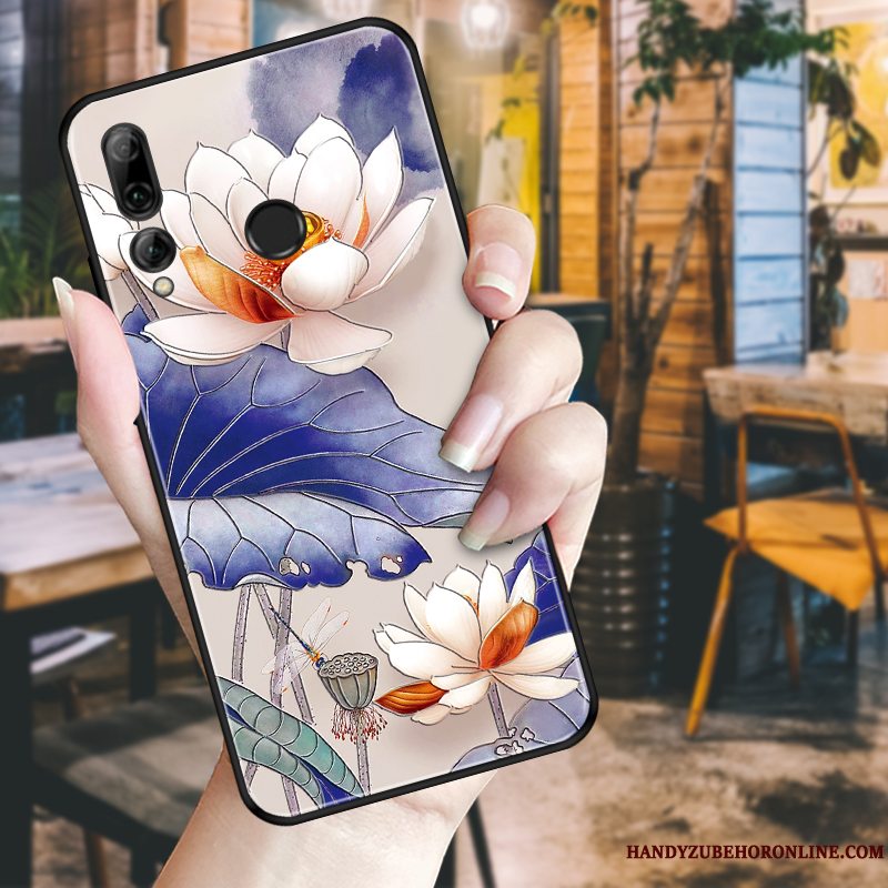 Etui Huawei P Smart+ 2019 Relief Pæon Sort, Cover Huawei P Smart+ 2019 Beskyttelse Hvid Telefon