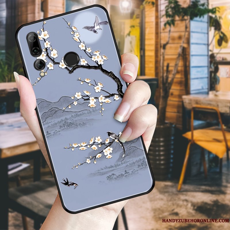 Etui Huawei P Smart+ 2019 Relief Pæon Sort, Cover Huawei P Smart+ 2019 Beskyttelse Hvid Telefon