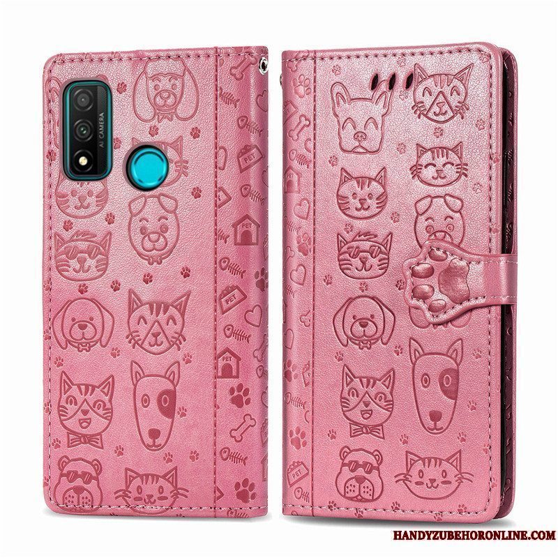 Etui Huawei P Smart 2020 Læder Blå Telefon, Cover Huawei P Smart 2020 Cartoon Prægning Kat