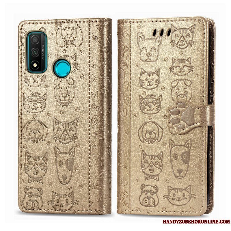 Etui Huawei P Smart 2020 Læder Blå Telefon, Cover Huawei P Smart 2020 Cartoon Prægning Kat