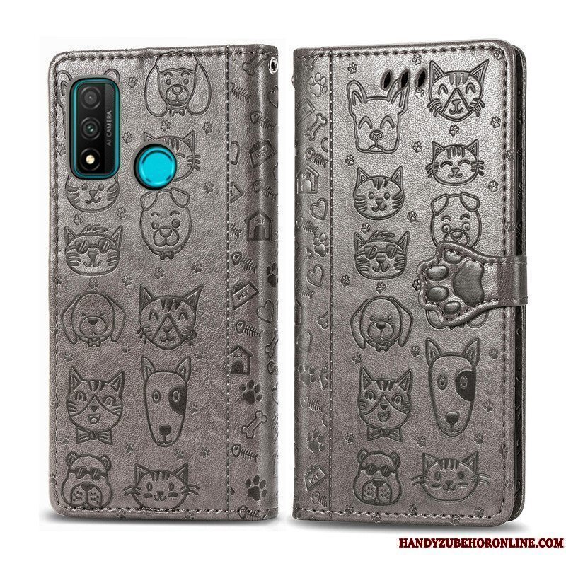 Etui Huawei P Smart 2020 Læder Blå Telefon, Cover Huawei P Smart 2020 Cartoon Prægning Kat