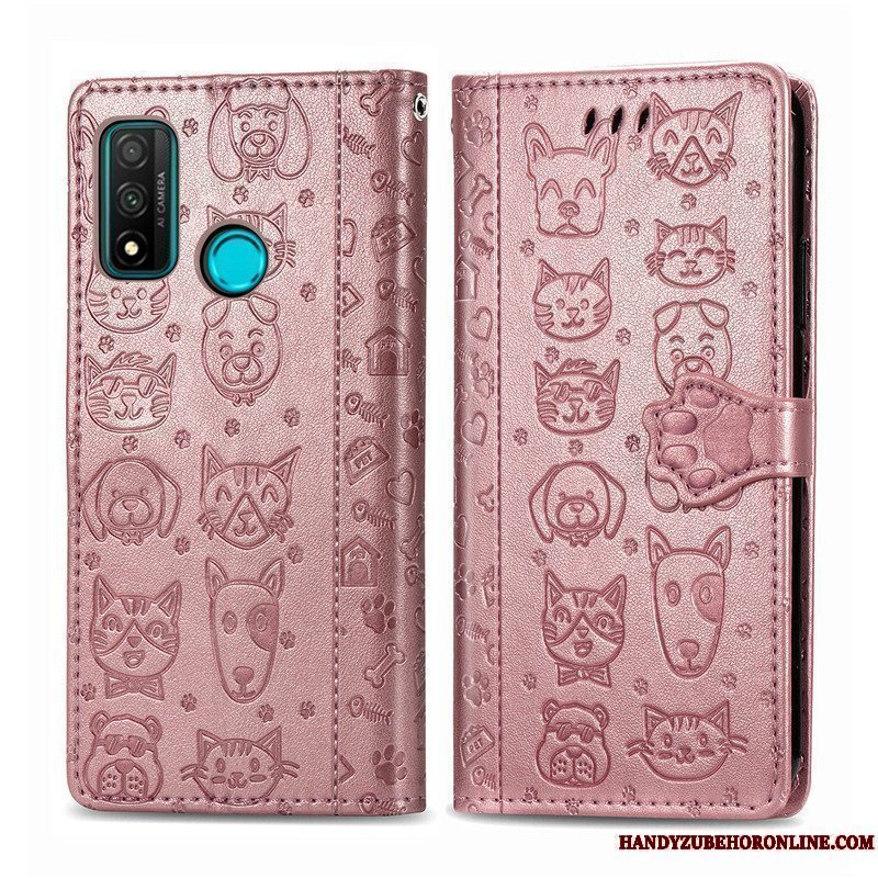 Etui Huawei P Smart 2020 Læder Blå Telefon, Cover Huawei P Smart 2020 Cartoon Prægning Kat