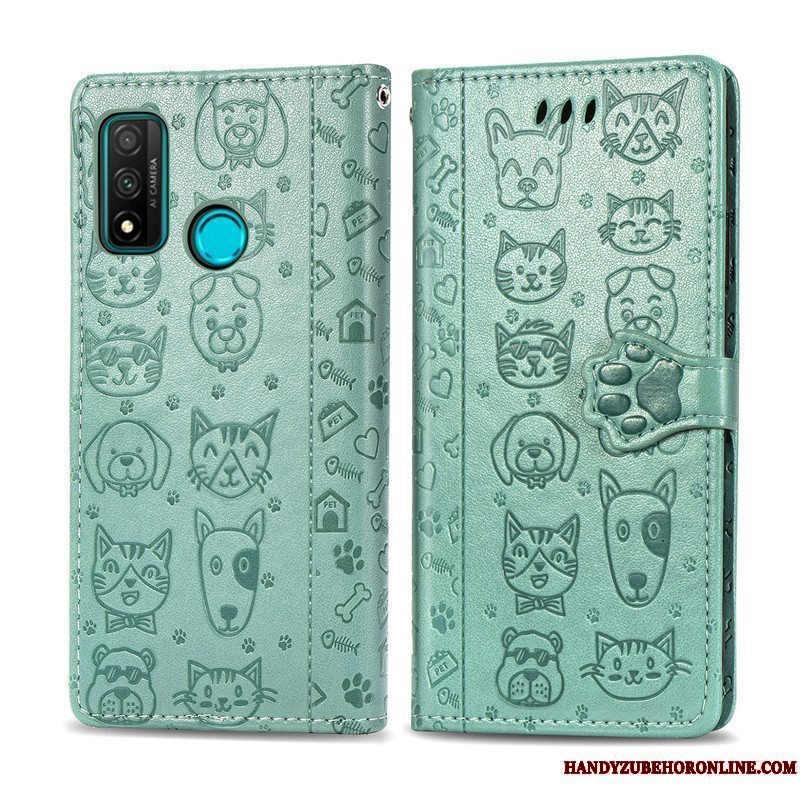 Etui Huawei P Smart 2020 Læder Blå Telefon, Cover Huawei P Smart 2020 Cartoon Prægning Kat