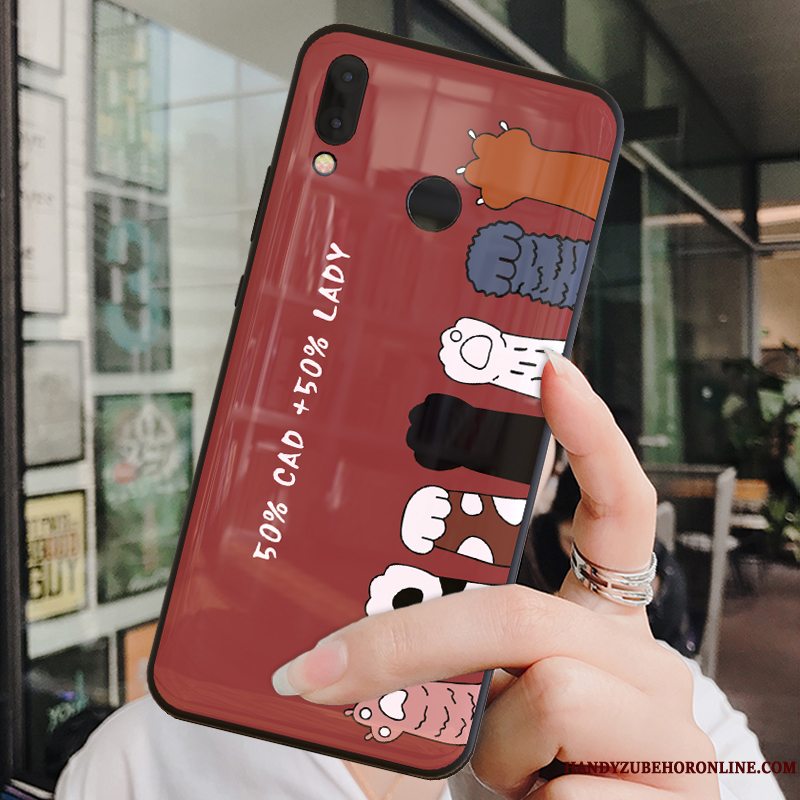 Etui Huawei P Smart+ Silikone Hærdet Glas Rød, Cover Huawei P Smart+ Tasker Net Red Smuk