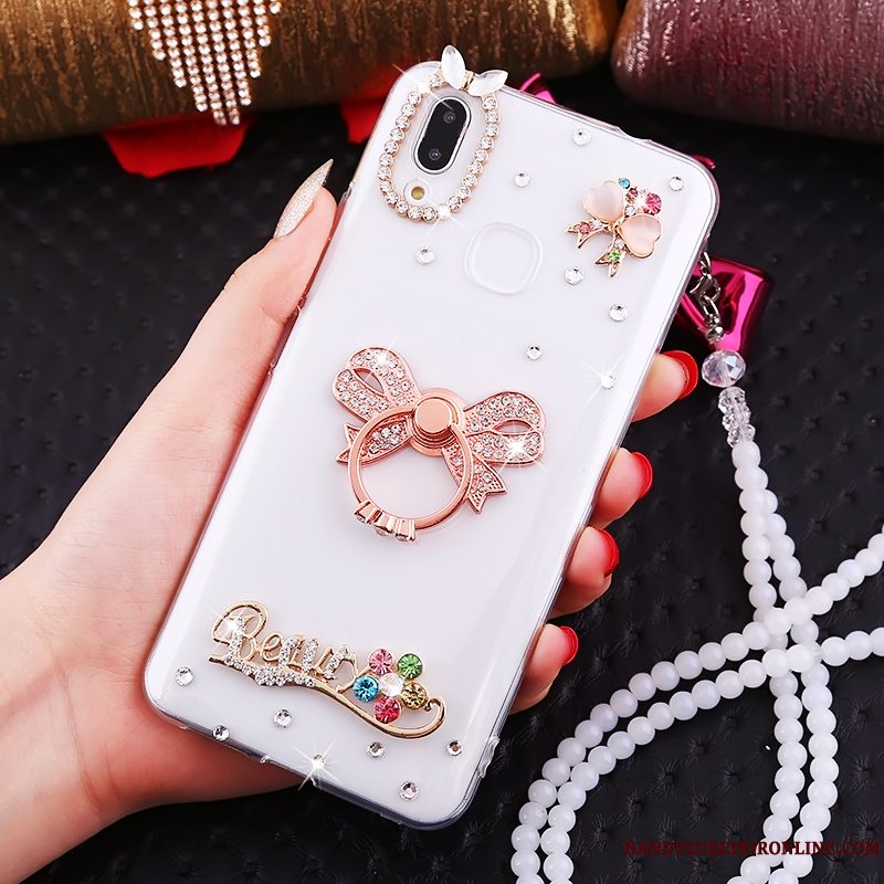 Etui Huawei P Smart+ Strass Ring Net Red, Cover Huawei P Smart+ Hvid Hængende Hals