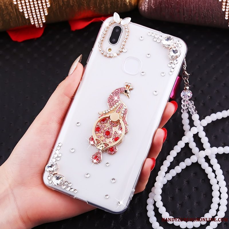 Etui Huawei P Smart+ Strass Ring Net Red, Cover Huawei P Smart+ Hvid Hængende Hals