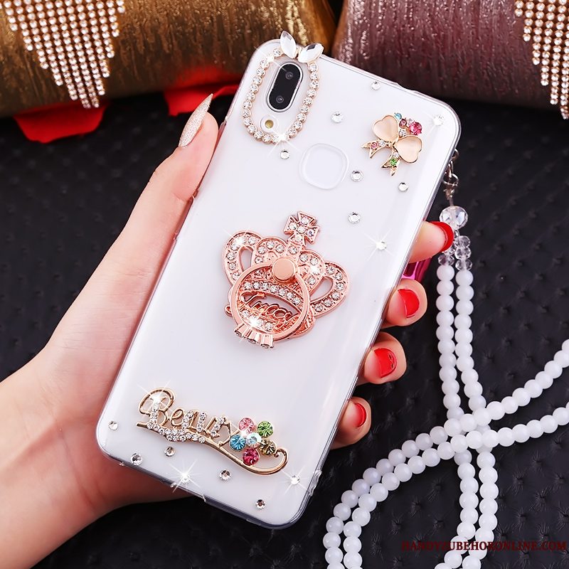 Etui Huawei P Smart+ Strass Ring Net Red, Cover Huawei P Smart+ Hvid Hængende Hals