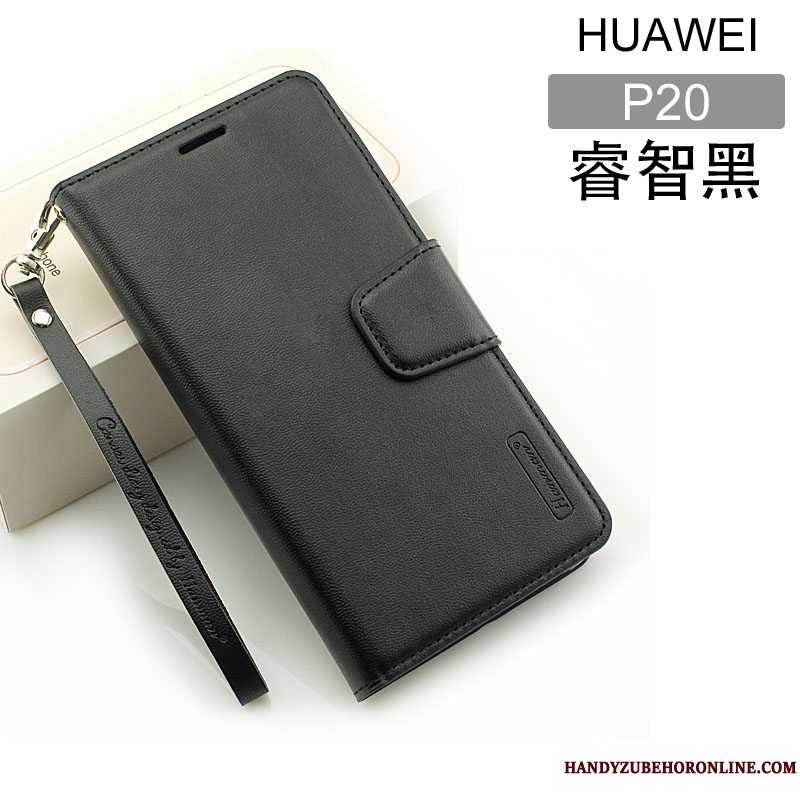 Etui Huawei P20 Folio Sort Anti-fald, Cover Huawei P20 Tasker Telefon