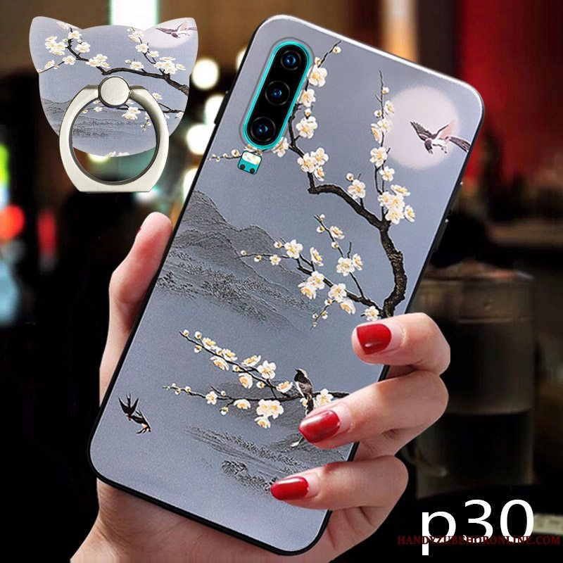 Etui Huawei P30 Vintage Plomme Blomst Trend, Cover Huawei P30 Tasker Trendy Vind