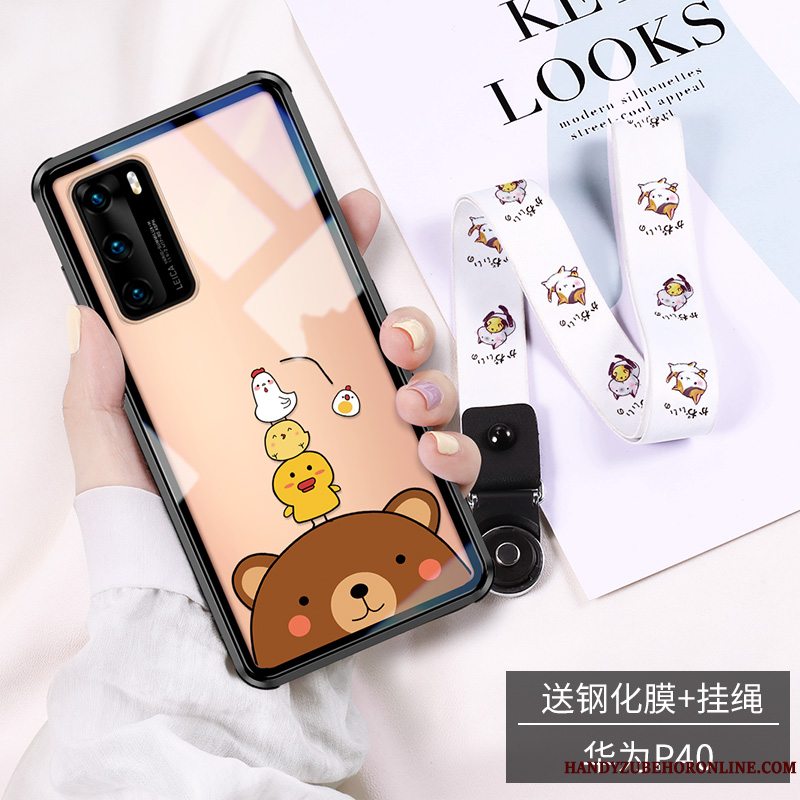 Etui Huawei P40 Cartoon Hængende Hals Glas, Cover Huawei P40 Tasker Telefonsort