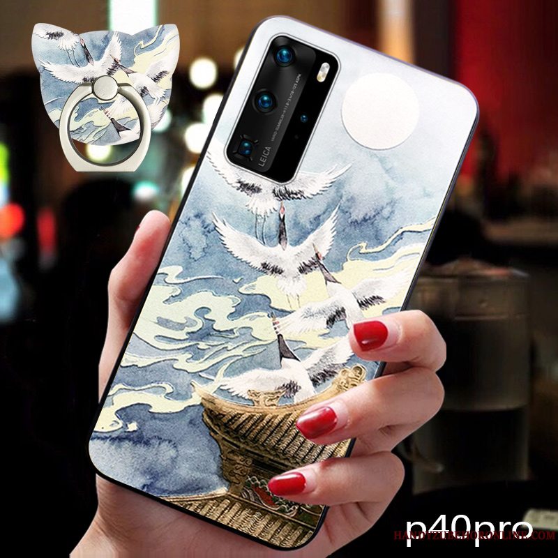 Etui Huawei P40 Pro Relief Kinesisk Stil Af Personlighed, Cover Huawei P40 Pro Blød Telefonblå