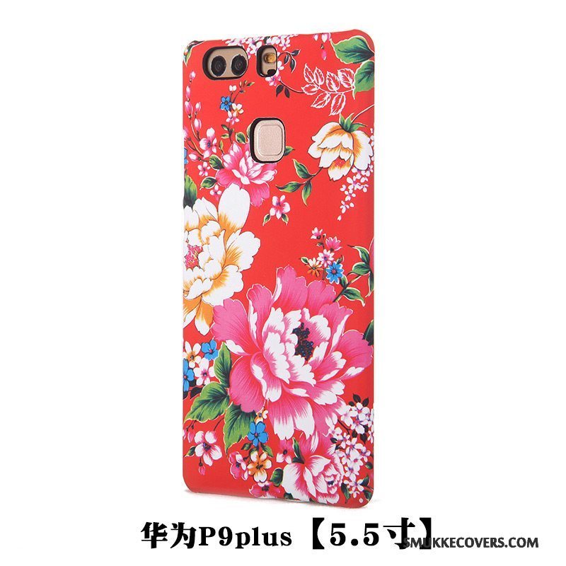 Etui Huawei P9 Beskyttelse Orange Blomster, Cover Huawei P9 Relief Telefonnubuck