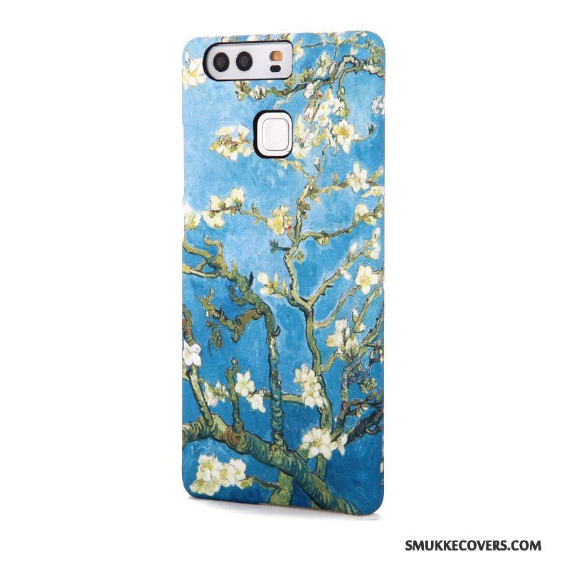 Etui Huawei P9 Beskyttelse Orange Blomster, Cover Huawei P9 Relief Telefonnubuck