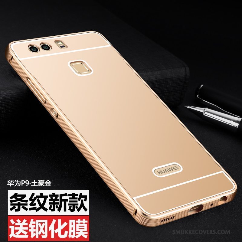 Etui Huawei P9 Metal Høj Hård, Cover Huawei P9 Beskyttelse Guld Ramme