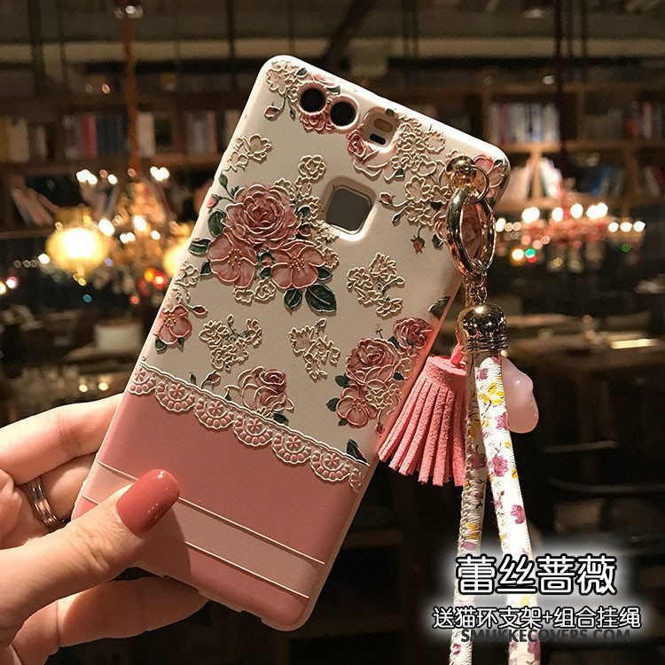 Etui Huawei P9 Silikone Kronblade Nubuck, Cover Huawei P9 Blød Kat Blomster