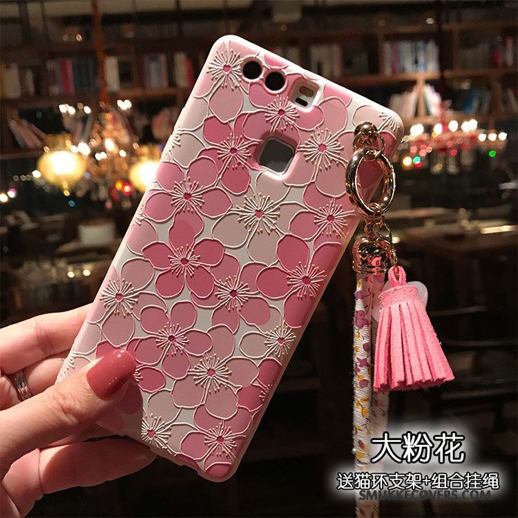 Etui Huawei P9 Silikone Kronblade Nubuck, Cover Huawei P9 Blød Kat Blomster