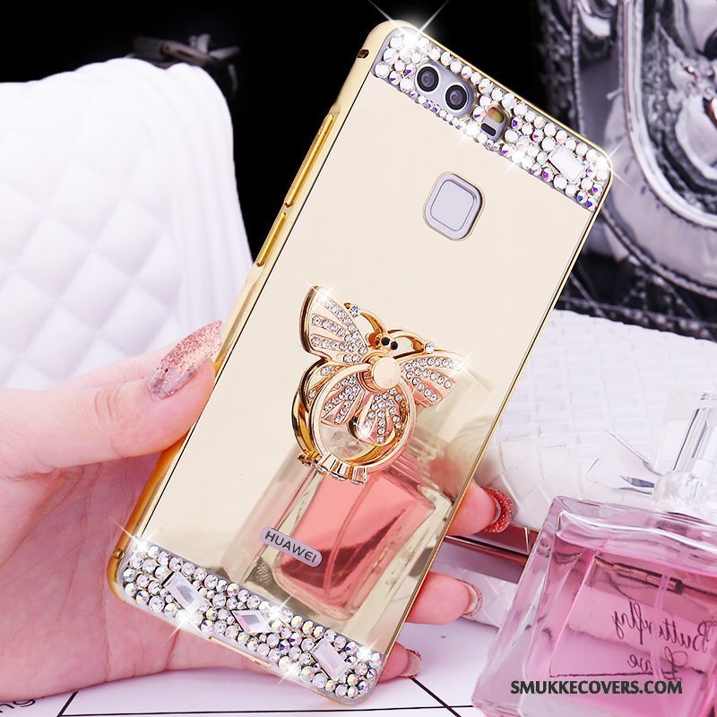 Etui Huawei P9 Support Telefonring, Cover Huawei P9 Strass Ramme Guld