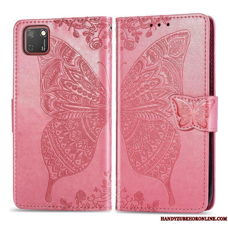 Etui Huawei Y5p Folio Blomster Telefon, Cover Huawei Y5p Beskyttelse Sommerfugle Lilla