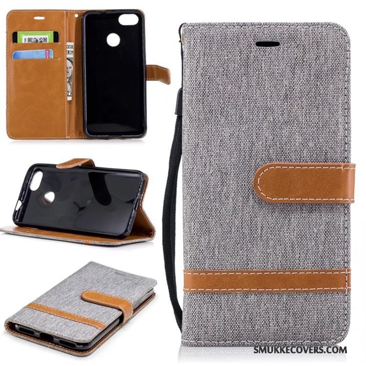 Etui Huawei Y6 Pro 2017 Læder Ren Denim, Cover Huawei Y6 Pro 2017 Tegnebog Rød Kort